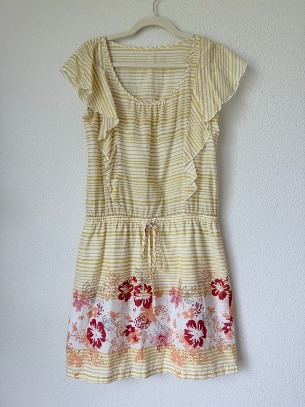 Vintage Yellow Striped Floral Drawstring Mini Dress Boho Sundress